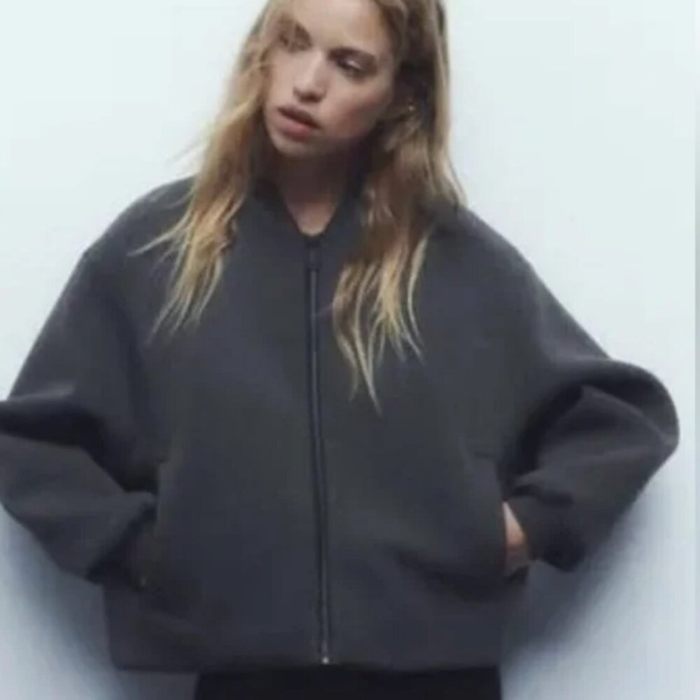 Zara Grey Neoprene Bomber Bungee Jacket - L - NWOT